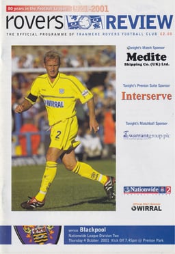 Tranmere Rovers v Blackpool Match Programme 2001-10-04
